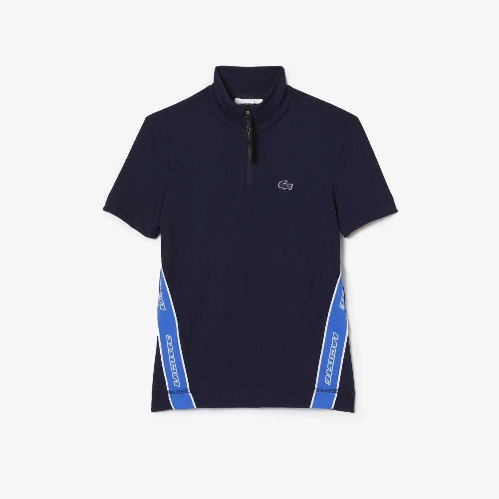 Lacoste Contrast Bands Zip Neck Polo Navy Blue | BEL-281097