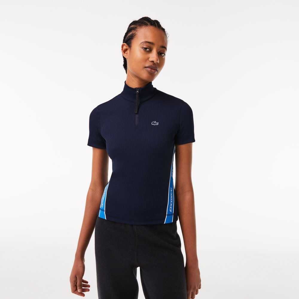 Lacoste Contrast Bands Zip Neck Polo Navy Blue | BEL-281097