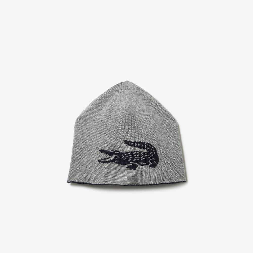 Lacoste Contrast Crocodile Reversible Beanie Navy Blue / Grey Chine | IUG-021893