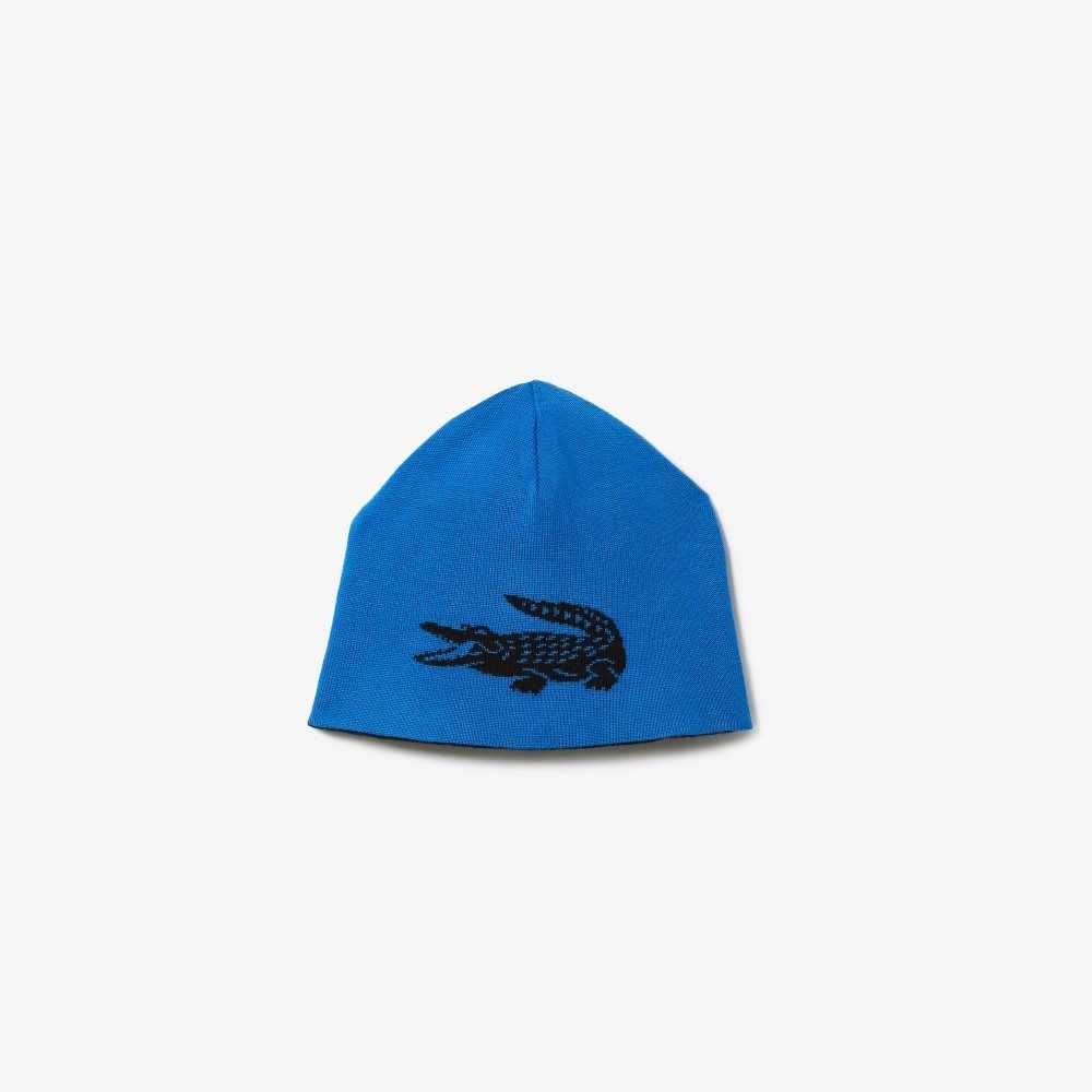 Lacoste Contrast Crocodile Reversible Beanie Black / Blue | WDP-019583