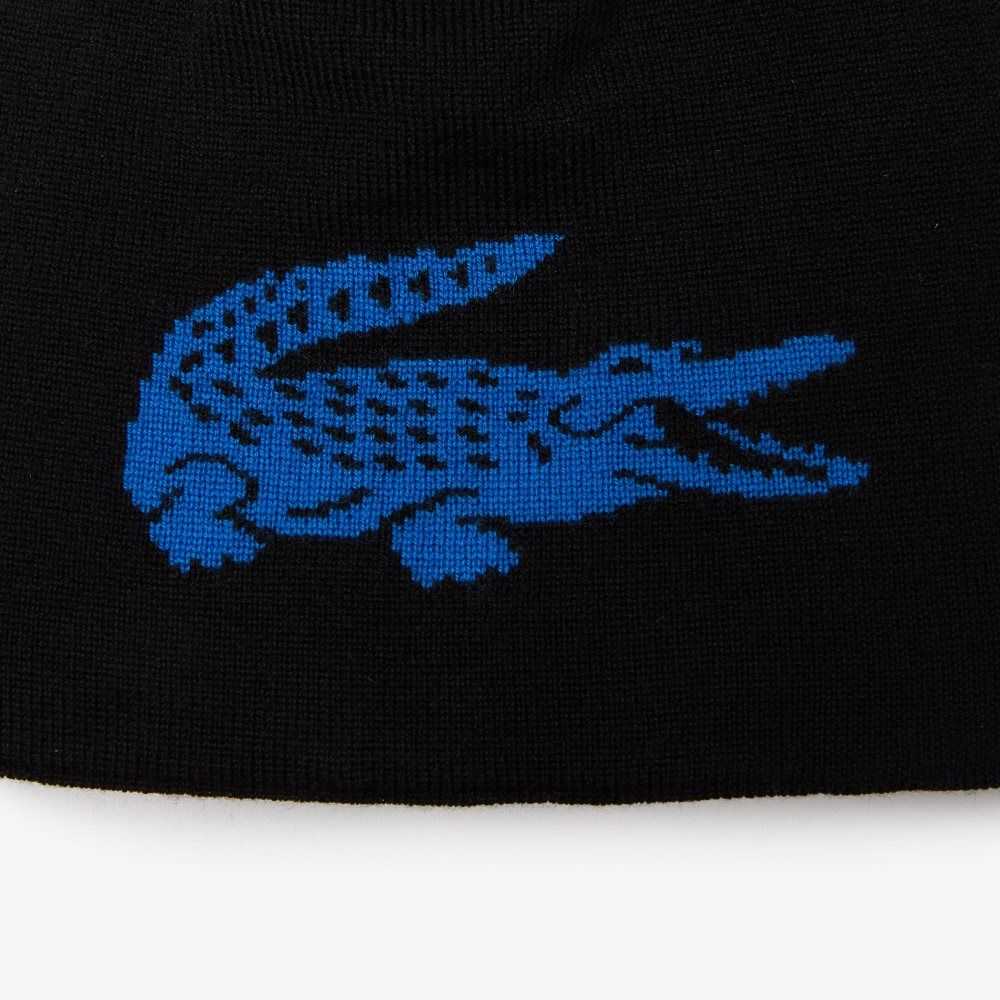 Lacoste Contrast Crocodile Reversible Beanie Black / Blue | WDP-019583