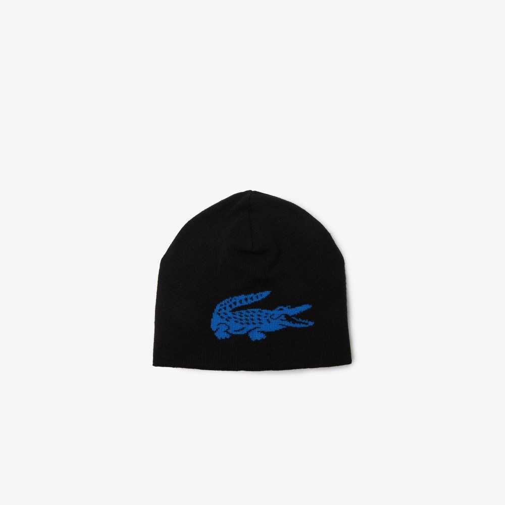 Lacoste Contrast Crocodile Reversible Beanie Black / Blue | WDP-019583