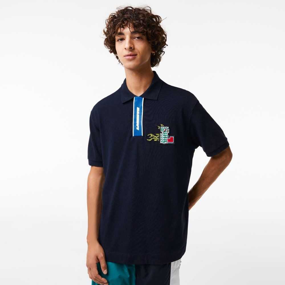 Lacoste Contrast Placket And Crocodile Badge Polo Navy Blue | KEO-827159