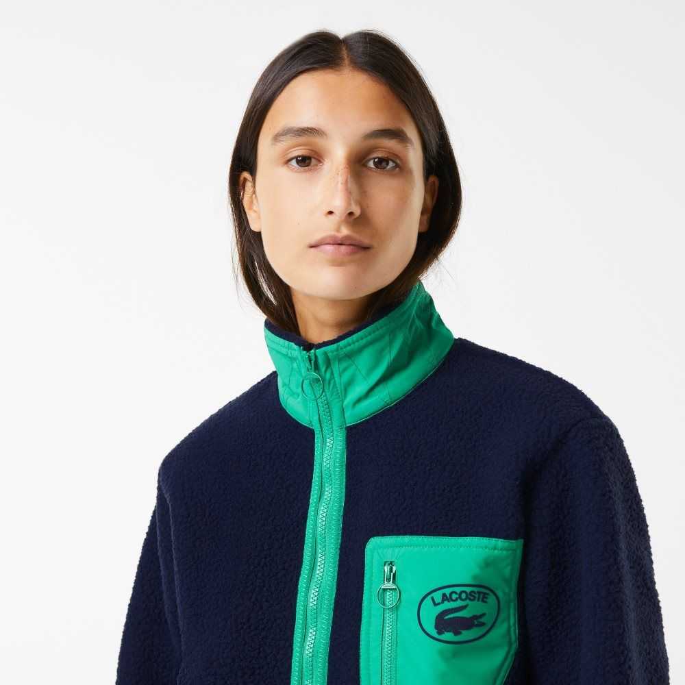 Lacoste Contrast Print Sherpa Fleece Jacket Navy Blue / Green | IMK-458136