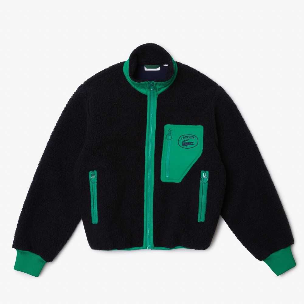 Lacoste Contrast Print Sherpa Fleece Jacket Navy Blue / Green | IMK-458136