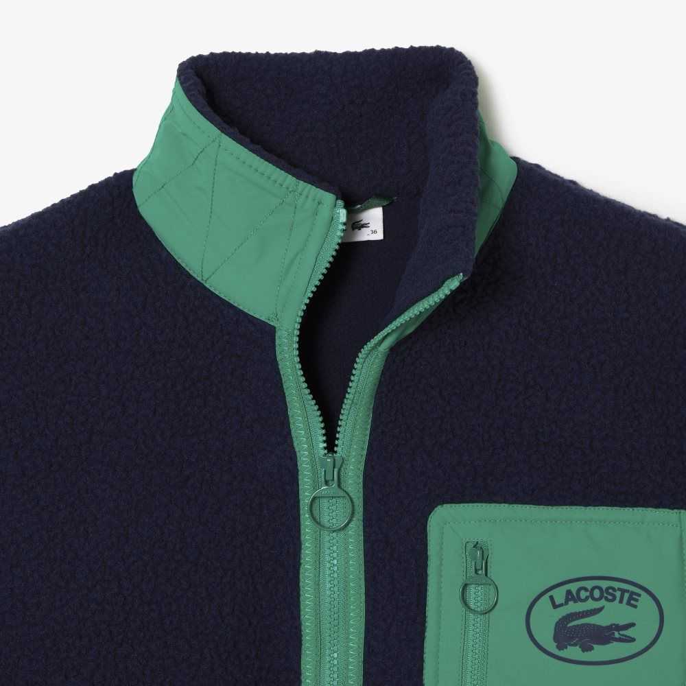 Lacoste Contrast Print Sherpa Fleece Jacket Navy Blue / Green | IMK-458136