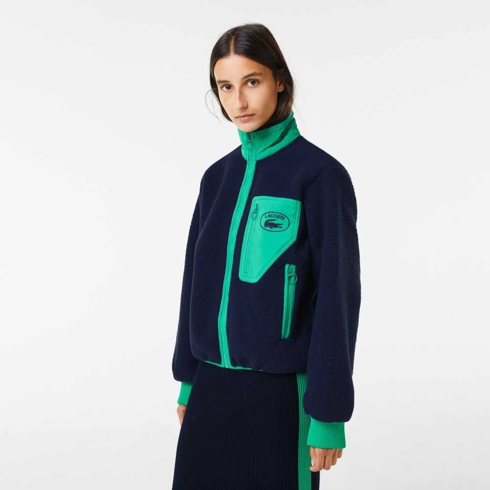 Lacoste Contrast Print Sherpa Fleece Jacket Navy Blue / Green | IMK-458136