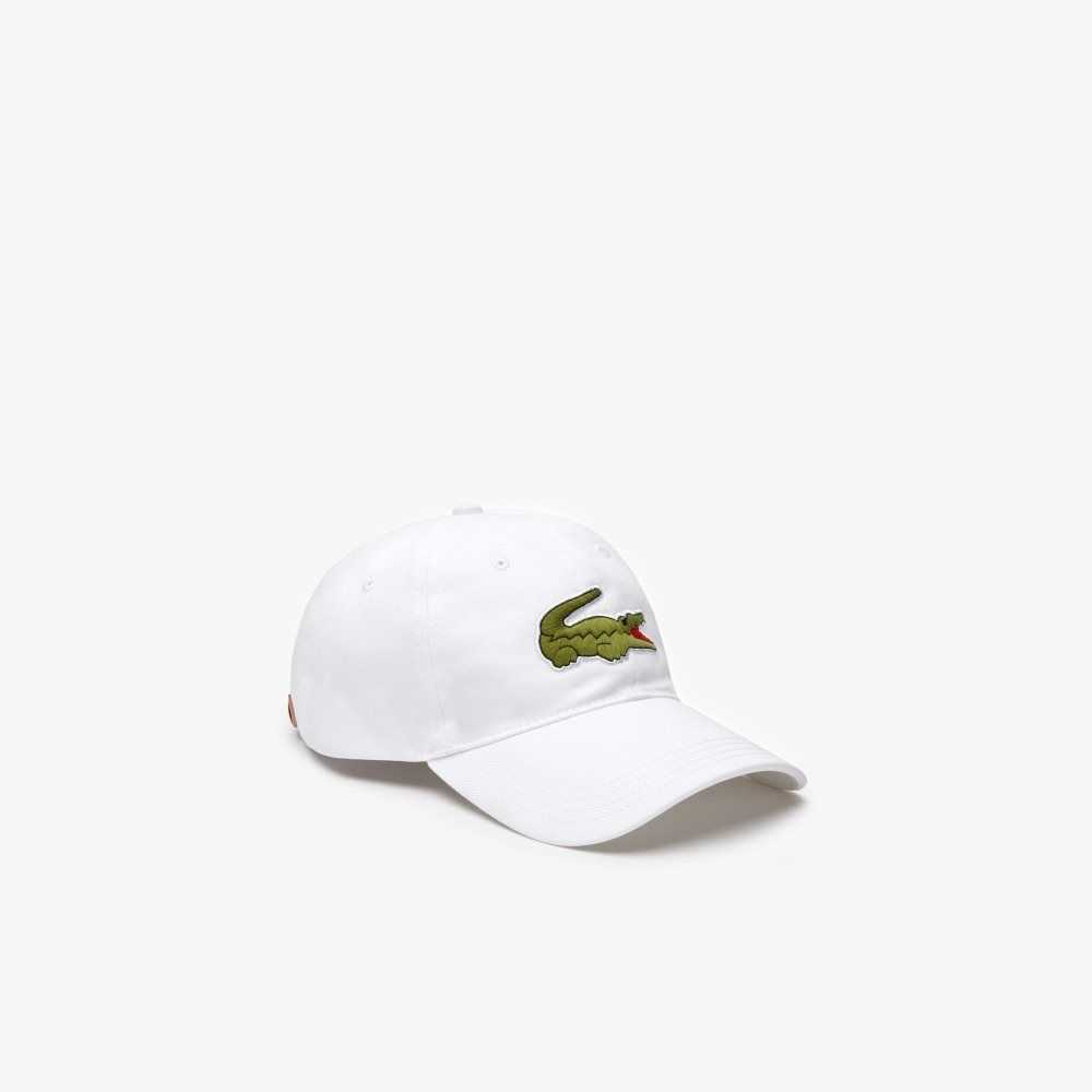 Lacoste Contrast Strap And Oversized Crocodile Cotton Cap White | GUJ-715268