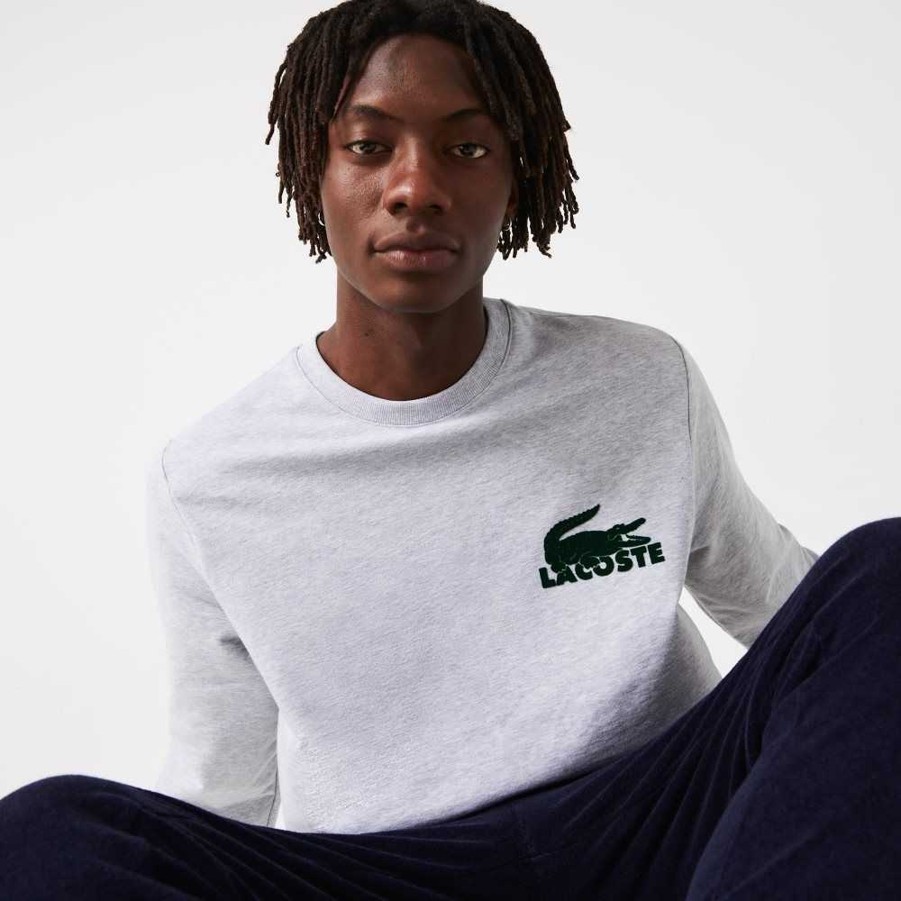 Lacoste Cotton Fleece Lounge Sweatshirt Grey Chine / Green | IWQ-134609