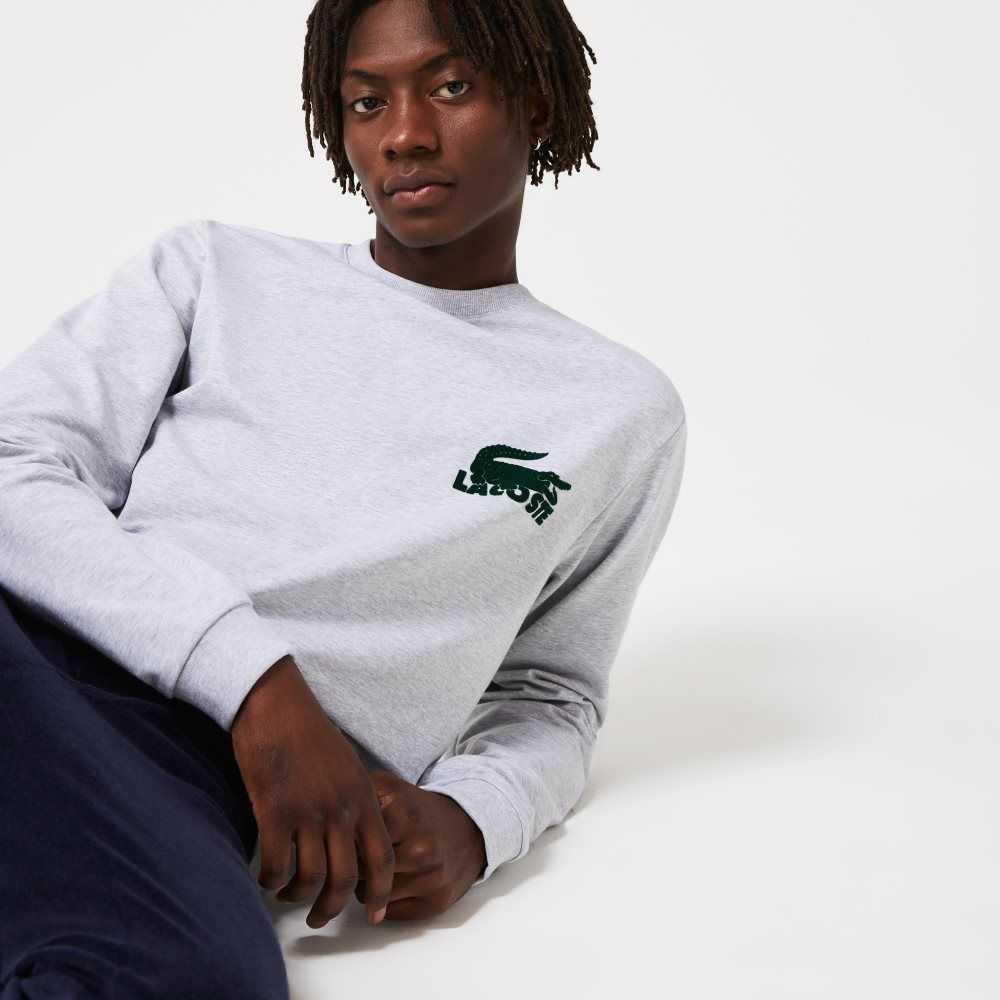 Lacoste Cotton Fleece Lounge Sweatshirt Grey Chine / Green | IWQ-134609