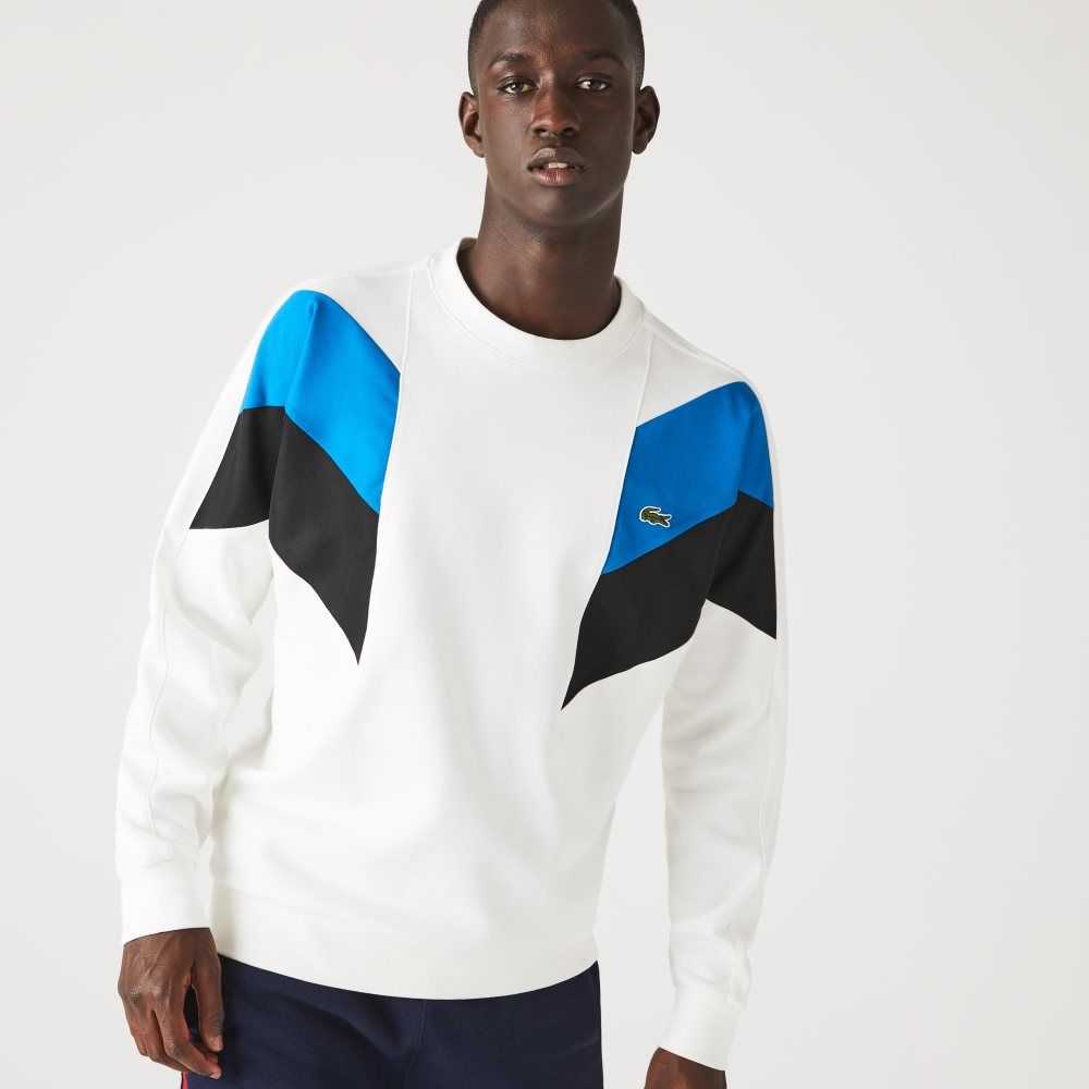 Lacoste Crew Neck Colorblock Design Cotton Fleece Sweatshirt White / Blue / Black | QRU-457132