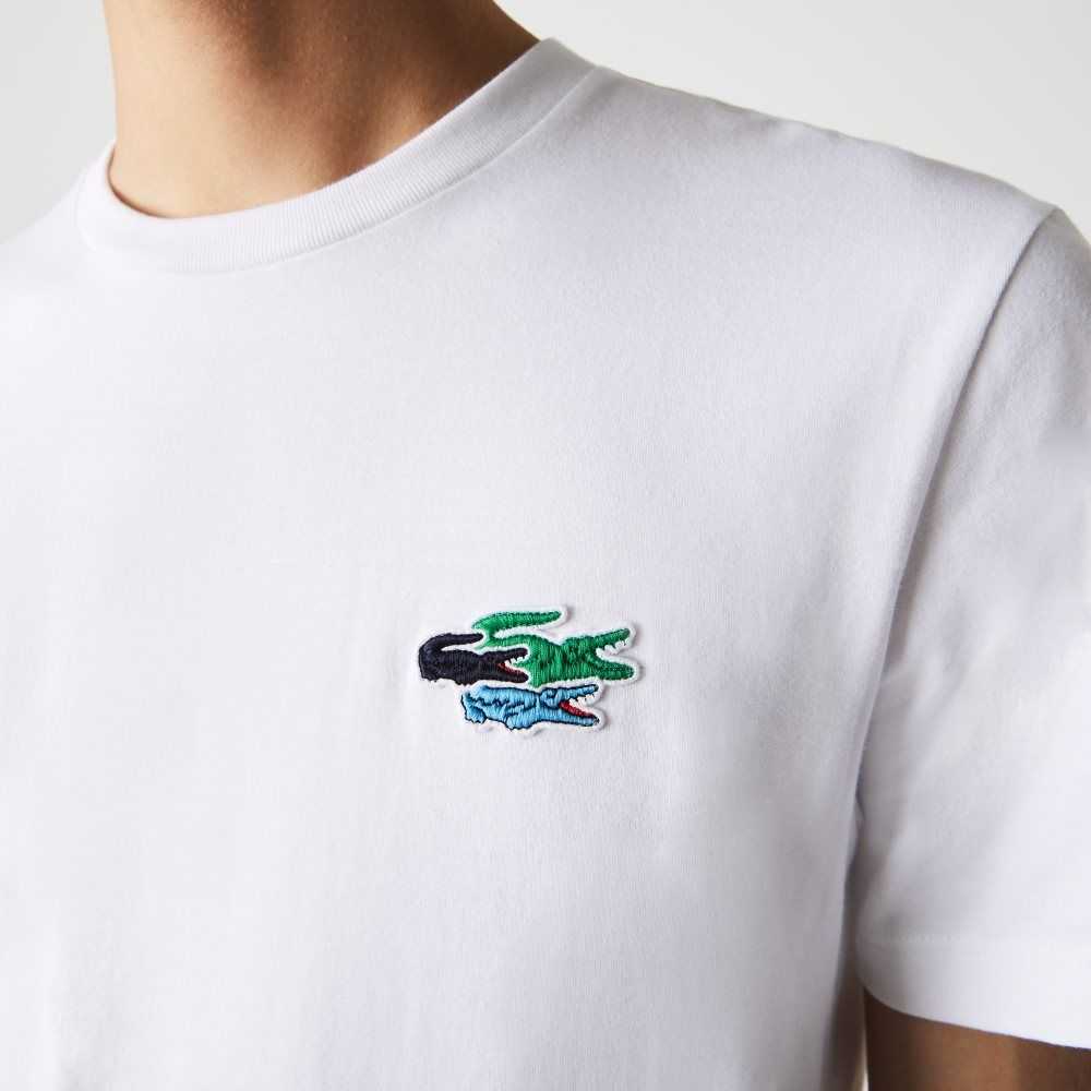 Lacoste Crew Neck Colored Crocodiles Organic Cotton T-shirt White | FEC-145398