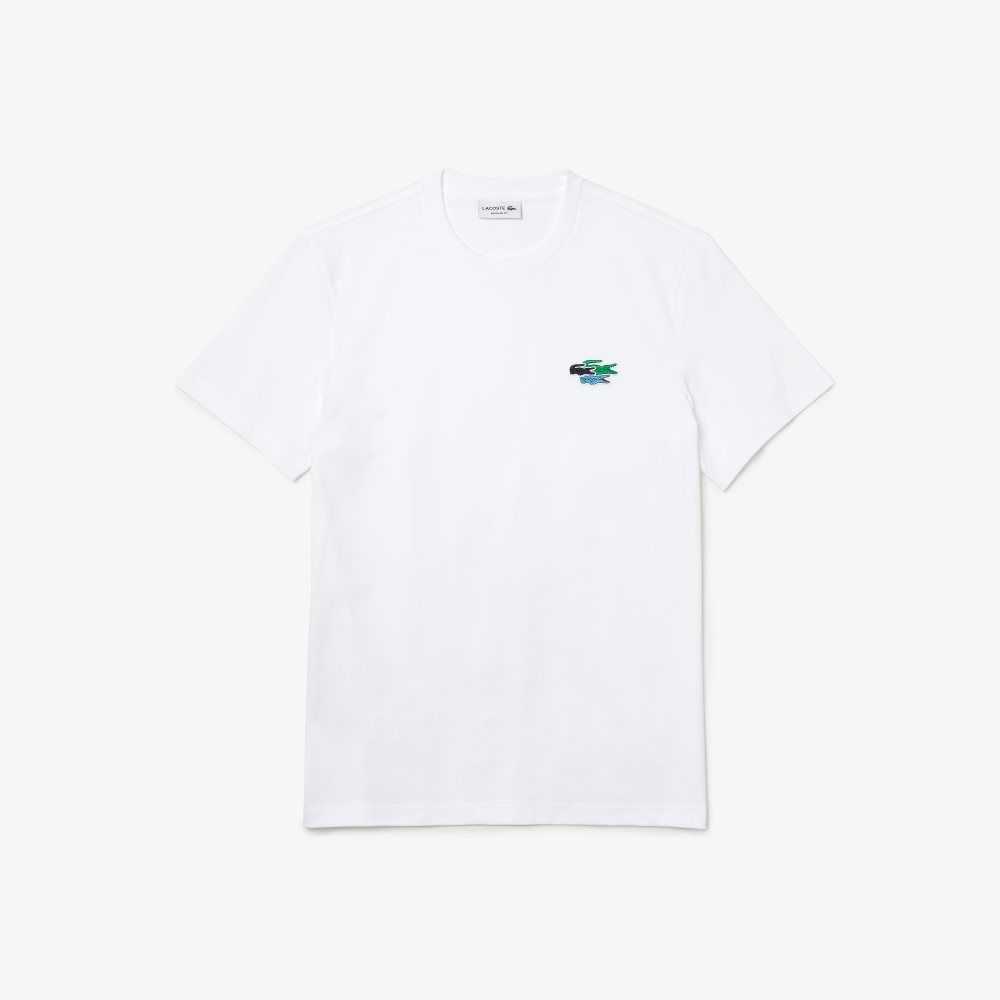 Lacoste Crew Neck Colored Crocodiles Organic Cotton T-shirt White | FEC-145398