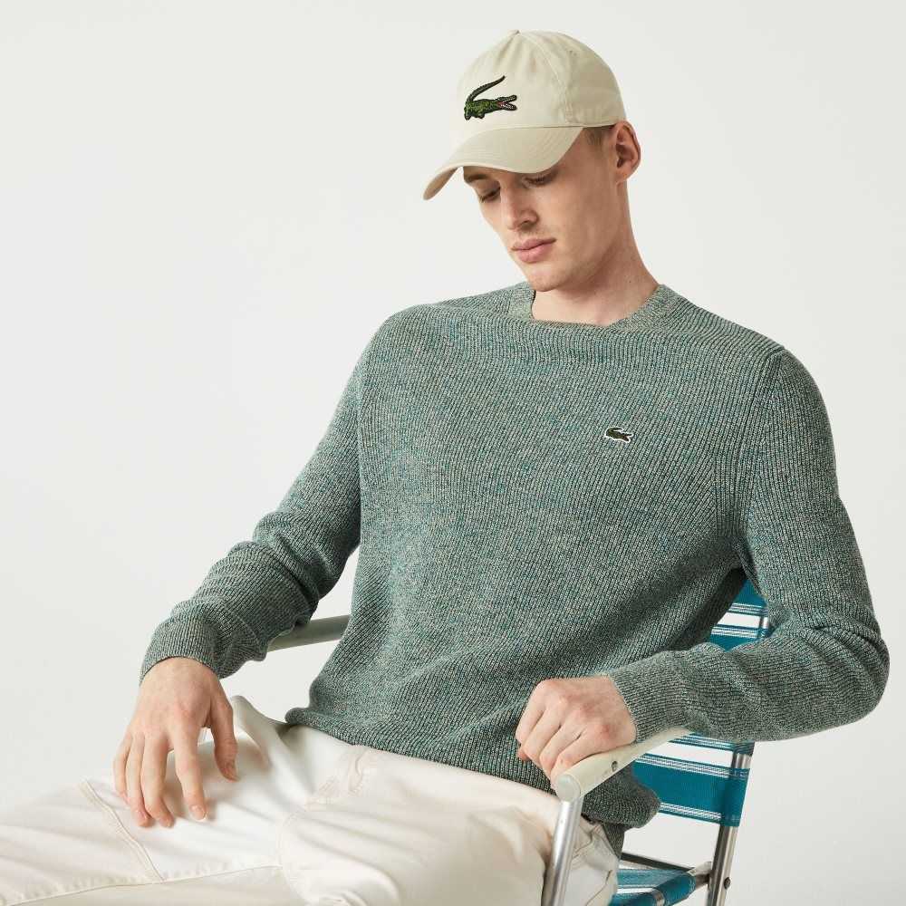 Lacoste Crew Neck Heathered Knit Sweater White / Green / Beige | LYE-368724