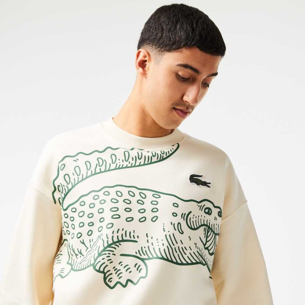 Lacoste Crew Neck Loose Fit Croc Print Sweatshirt White | CJS-276548