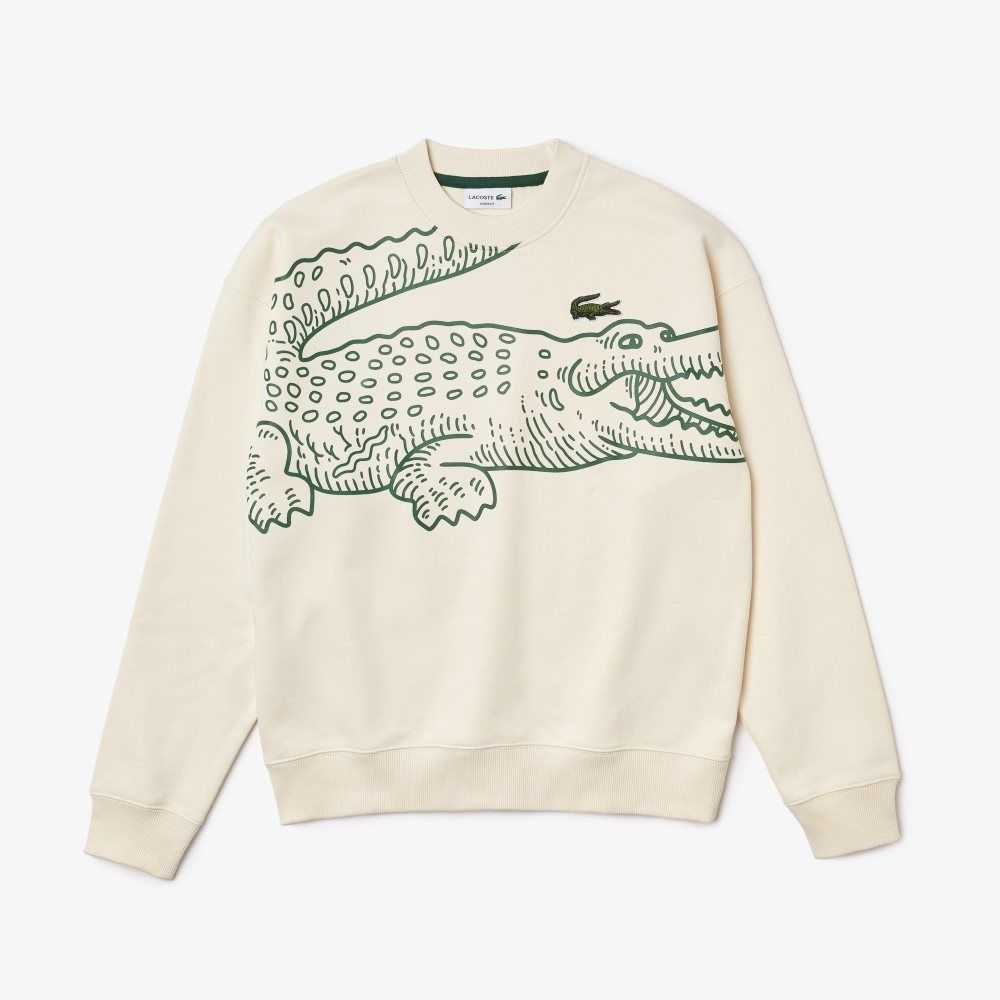 Lacoste Crew Neck Loose Fit Croc Print Sweatshirt White | CJS-276548