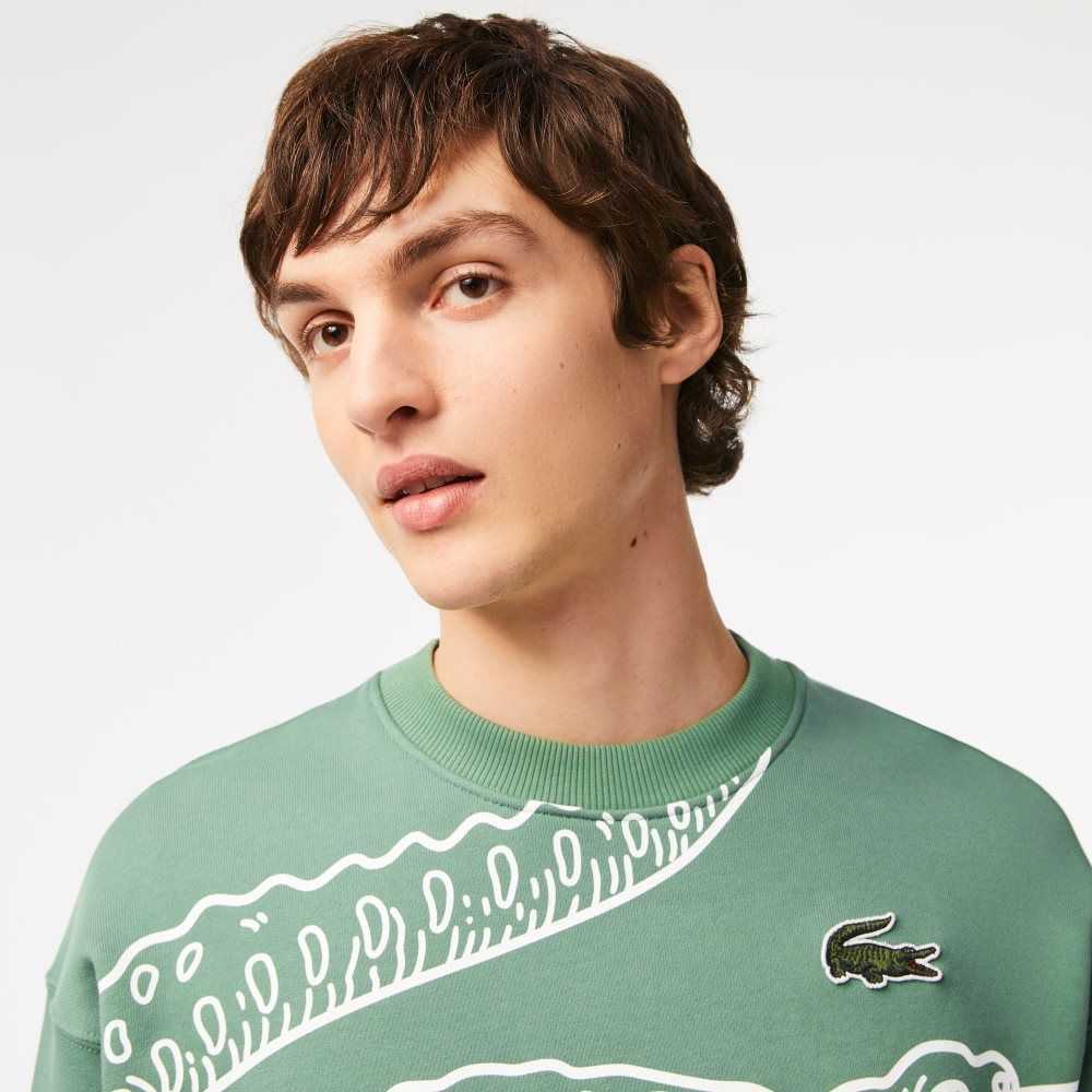 Lacoste Crew Neck Loose Fit Croc Print Sweatshirt Khaki Green | SLR-924785