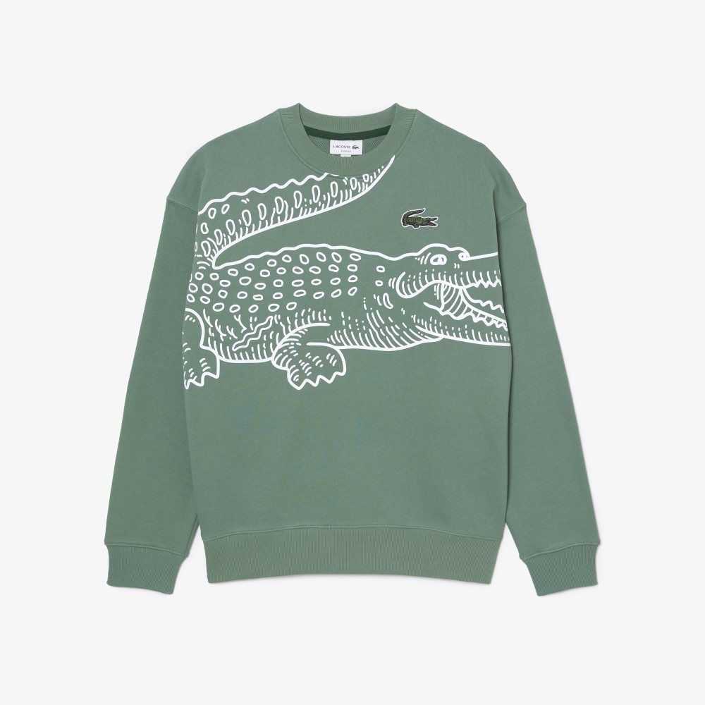 Lacoste Crew Neck Loose Fit Croc Print Sweatshirt Khaki Green | SLR-924785