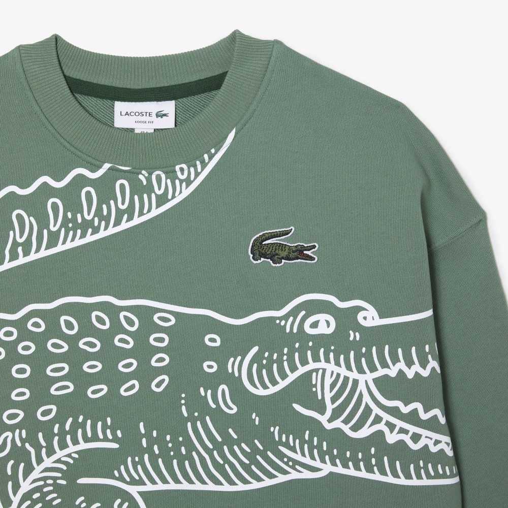 Lacoste Crew Neck Loose Fit Croc Print Sweatshirt Khaki Green | SLR-924785