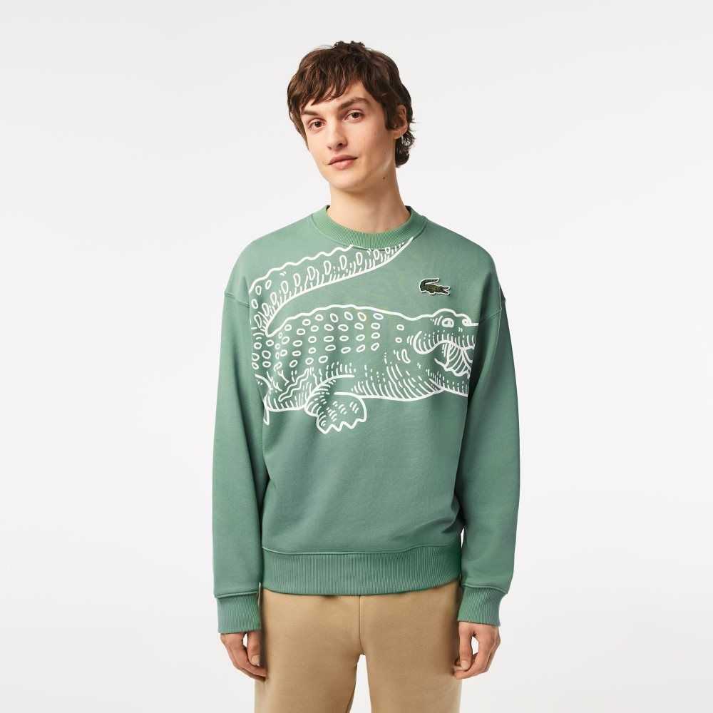 Lacoste Crew Neck Loose Fit Croc Print Sweatshirt Khaki Green | SLR-924785