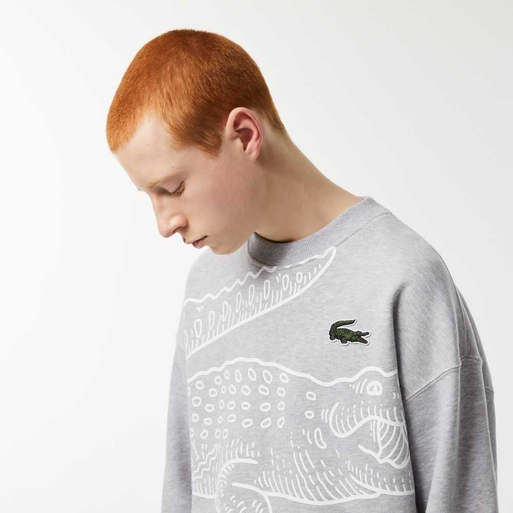 Lacoste Crew Neck Loose Fit Croc Print Sweatshirt Grey Chine | URQ-048153