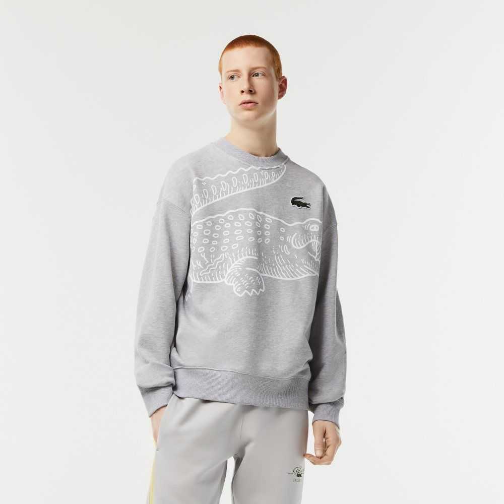 Lacoste Crew Neck Loose Fit Croc Print Sweatshirt Grey Chine | URQ-048153