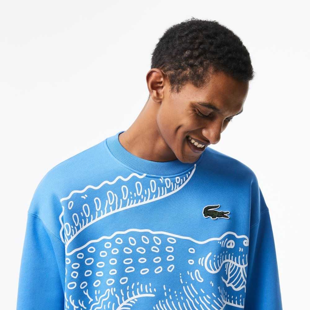 Lacoste Crew Neck Loose Fit Croc Print Sweatshirt Blue | VSW-021794