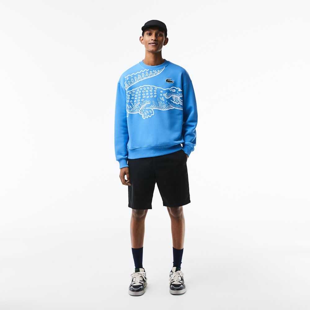 Lacoste Crew Neck Loose Fit Croc Print Sweatshirt Blue | VSW-021794