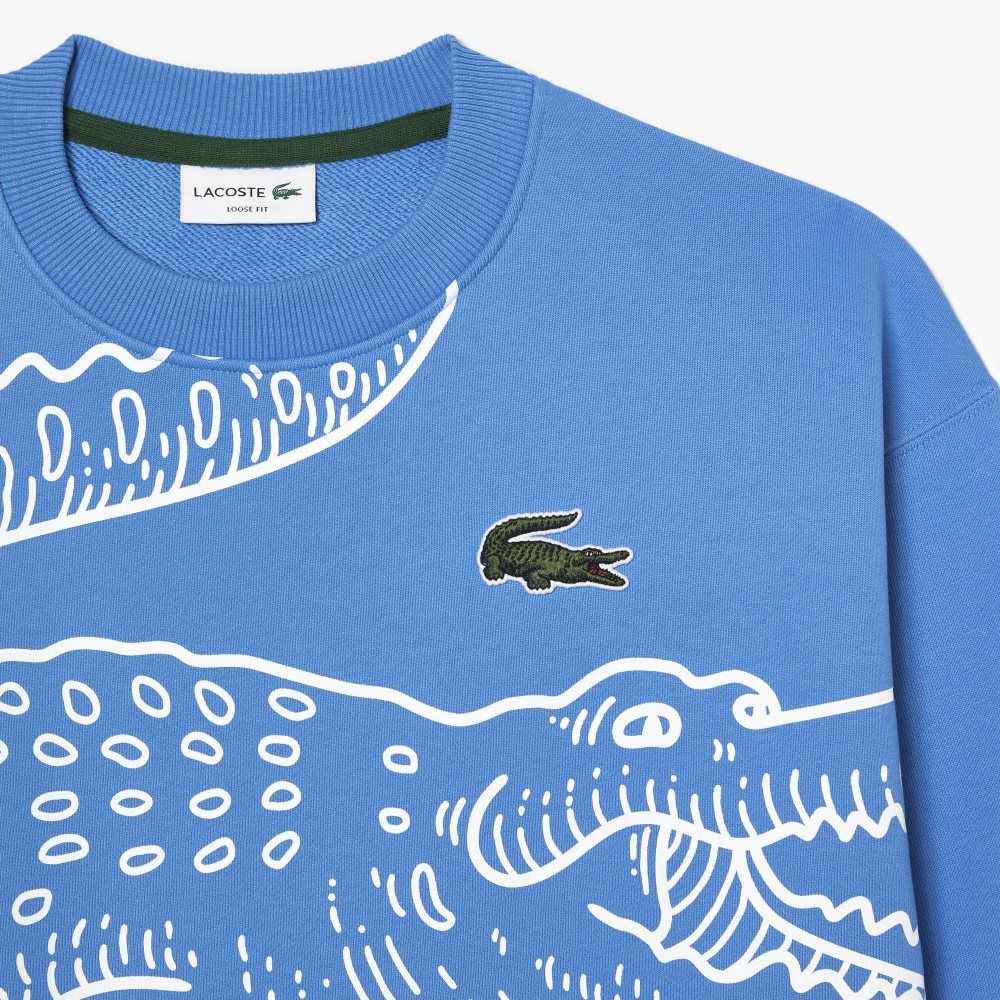 Lacoste Crew Neck Loose Fit Croc Print Sweatshirt Blue | VSW-021794