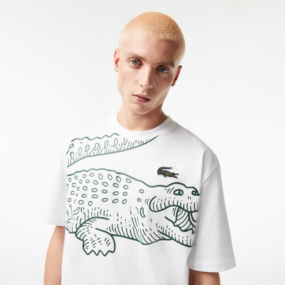 Lacoste Crew Neck Loose Fit Crocodile Print T-Shirt White | EHP-721658