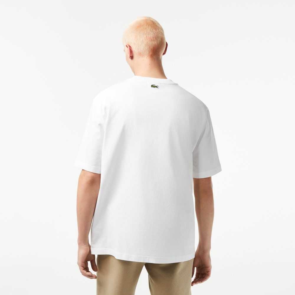 Lacoste Crew Neck Loose Fit Crocodile Print T-Shirt White | EHP-721658