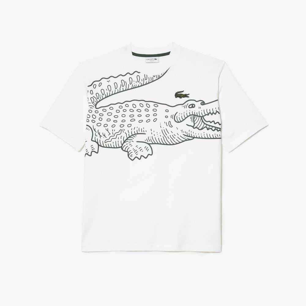 Lacoste Crew Neck Loose Fit Crocodile Print T-Shirt White | EHP-721658