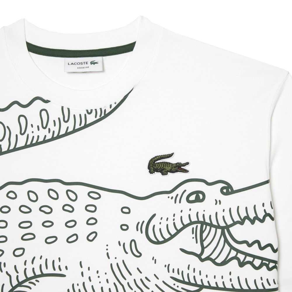 Lacoste Crew Neck Loose Fit Crocodile Print T-Shirt White | EHP-721658