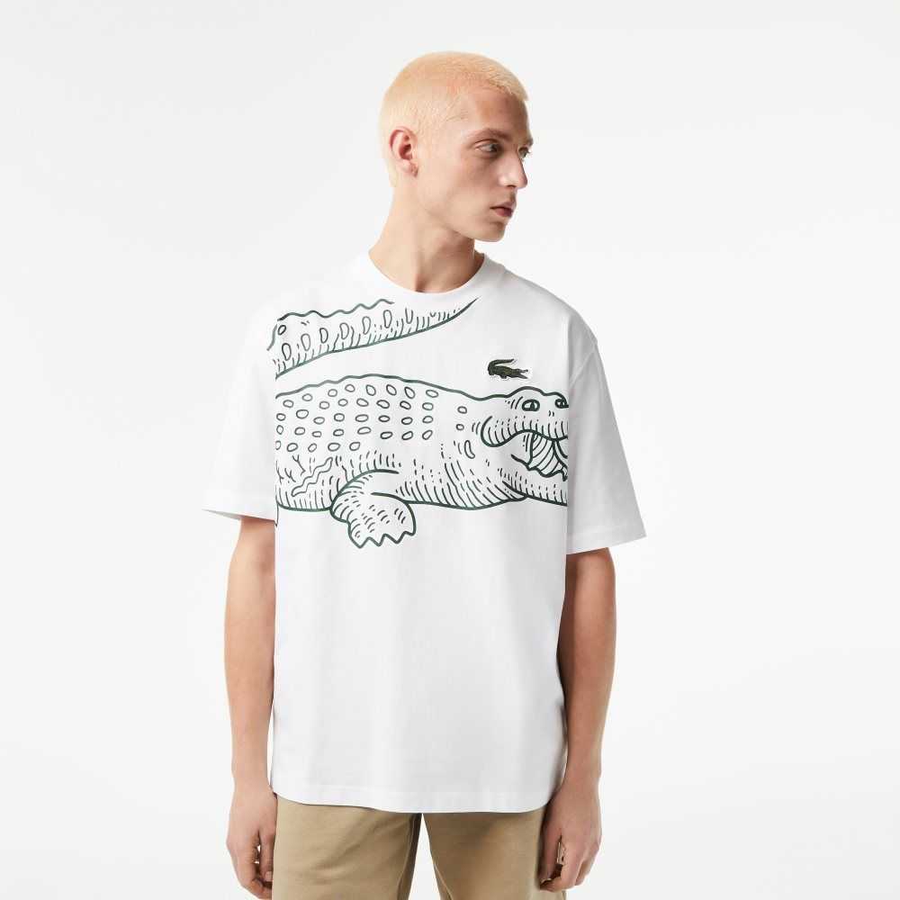 Lacoste Crew Neck Loose Fit Crocodile Print T-Shirt White | EHP-721658