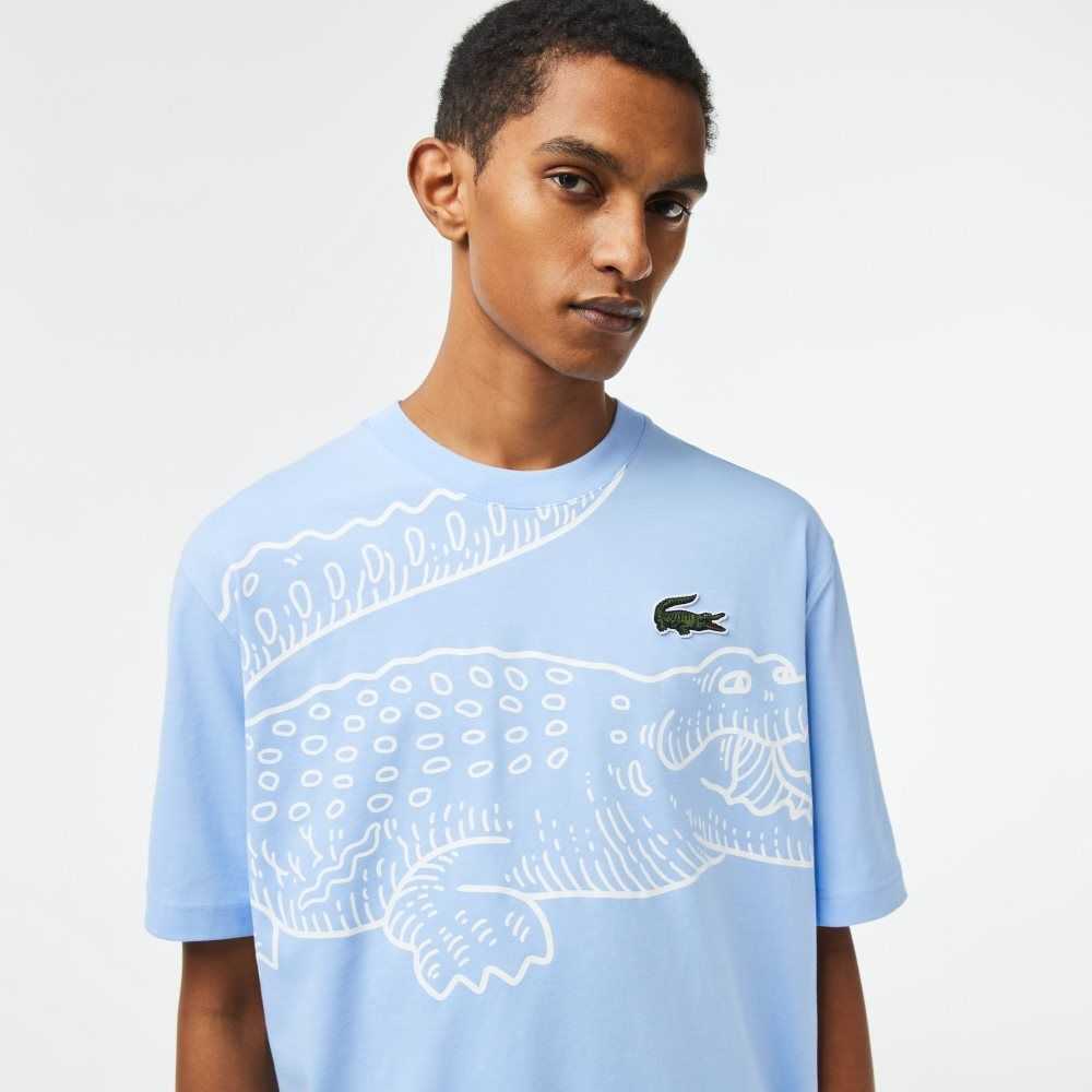 Lacoste Crew Neck Loose Fit Crocodile Print T-Shirt Blue | MPB-462780