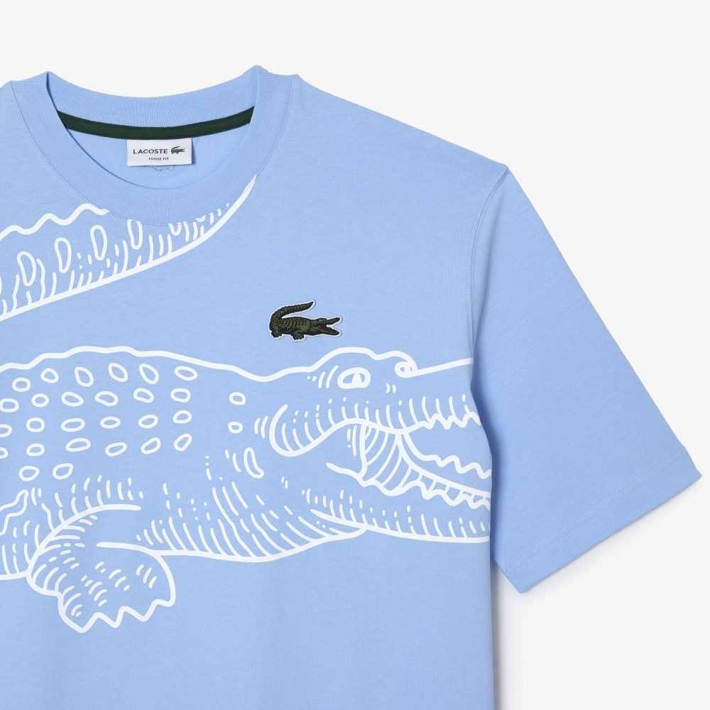 Lacoste Crew Neck Loose Fit Crocodile Print T-Shirt Blue | MPB-462780