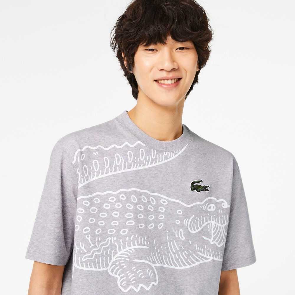 Lacoste Crew Neck Loose Fit Crocodile Print T-Shirt Grey Chine | TPN-705842