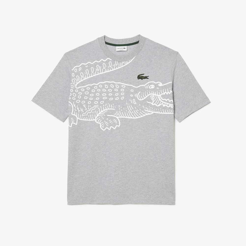 Lacoste Crew Neck Loose Fit Crocodile Print T-Shirt Grey Chine | TPN-705842