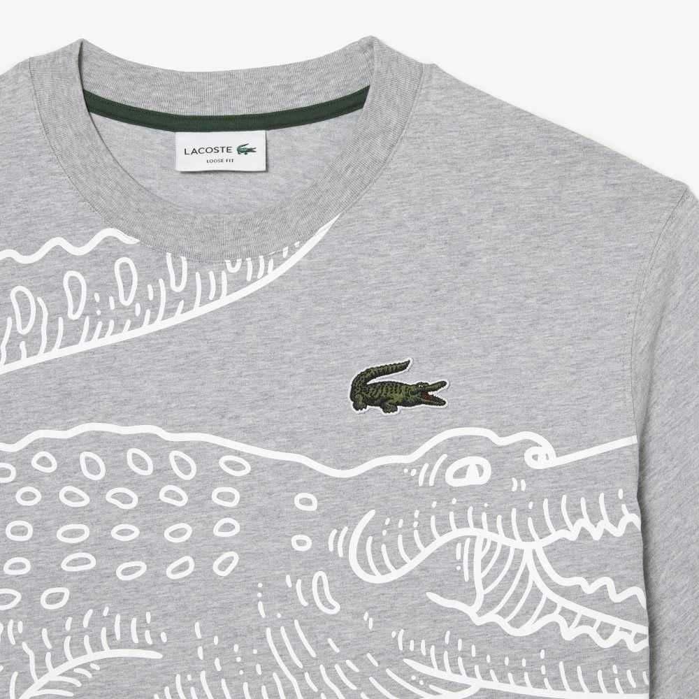 Lacoste Crew Neck Loose Fit Crocodile Print T-Shirt Grey Chine | TPN-705842