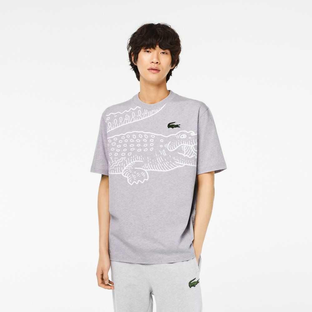 Lacoste Crew Neck Loose Fit Crocodile Print T-Shirt Grey Chine | TPN-705842