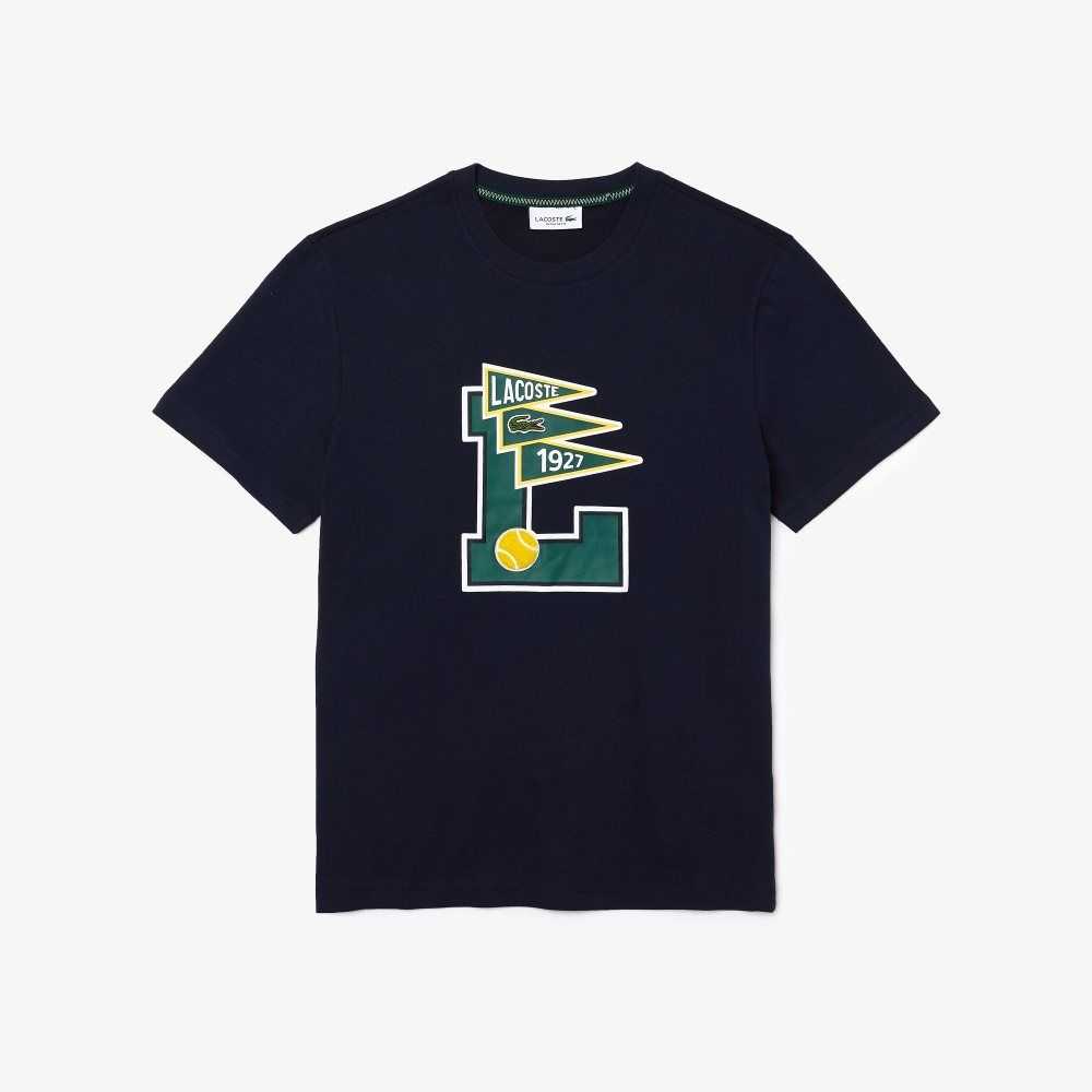 Lacoste Crew Neck Pennants L Badge Cotton T-Shirt Navy Blue | EHF-674290