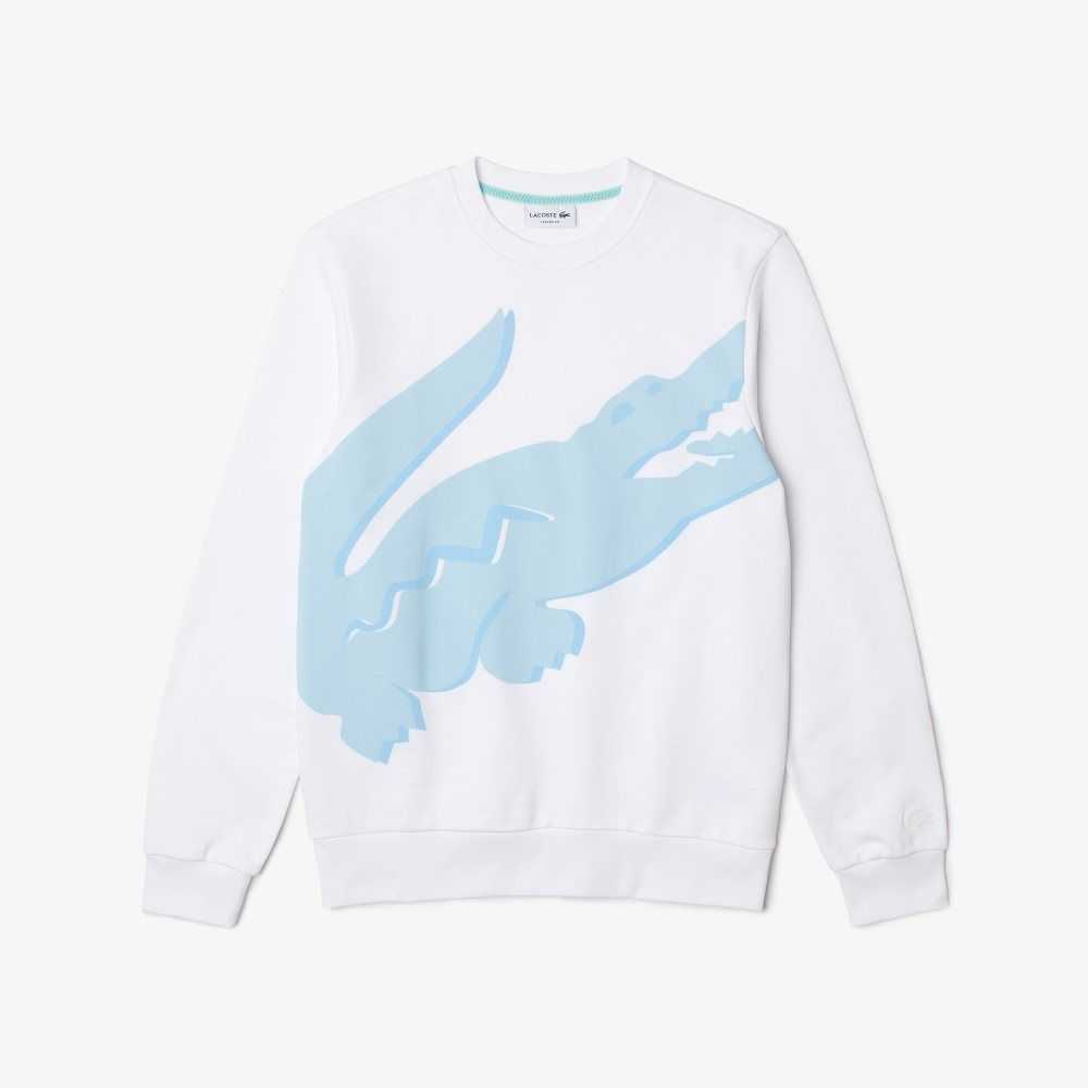 Lacoste Crew Neck Print Organic Cotton Fleece Sweatshirt White | CPH-018974