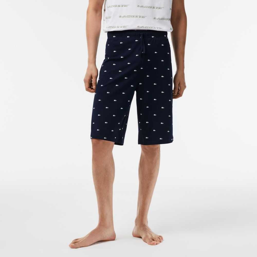 Lacoste Crocodile Print Cotton Jersey Pajama Shorts Navy Blue / White | BRQ-381640