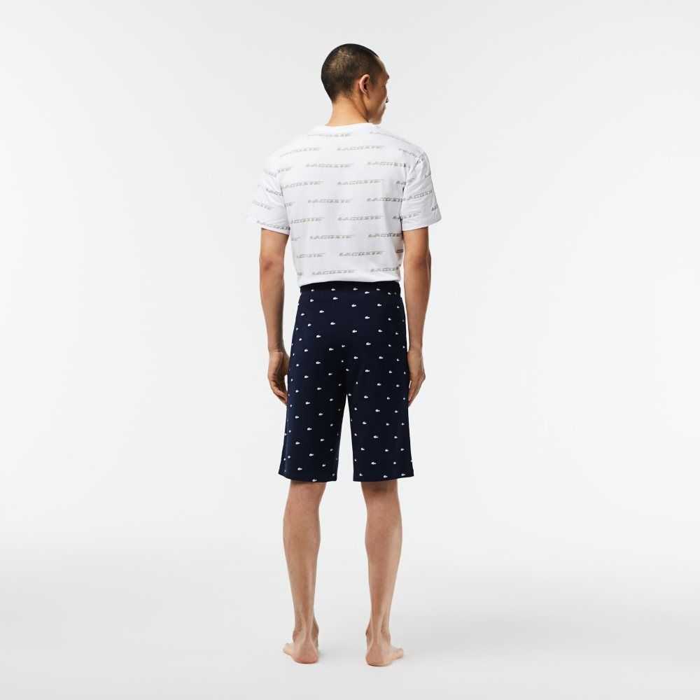 Lacoste Crocodile Print Cotton Jersey Pajama Shorts Navy Blue / White | BRQ-381640