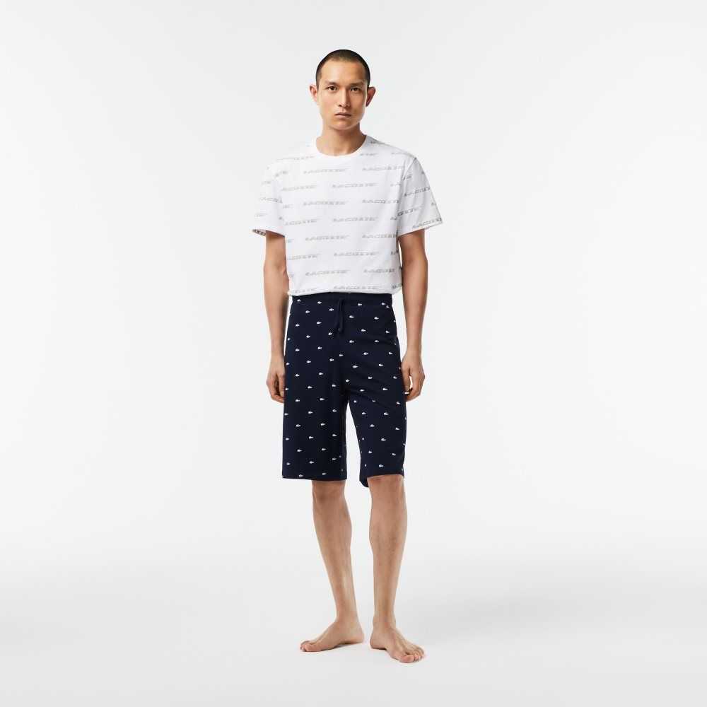 Lacoste Crocodile Print Cotton Jersey Pajama Shorts Navy Blue / White | BRQ-381640