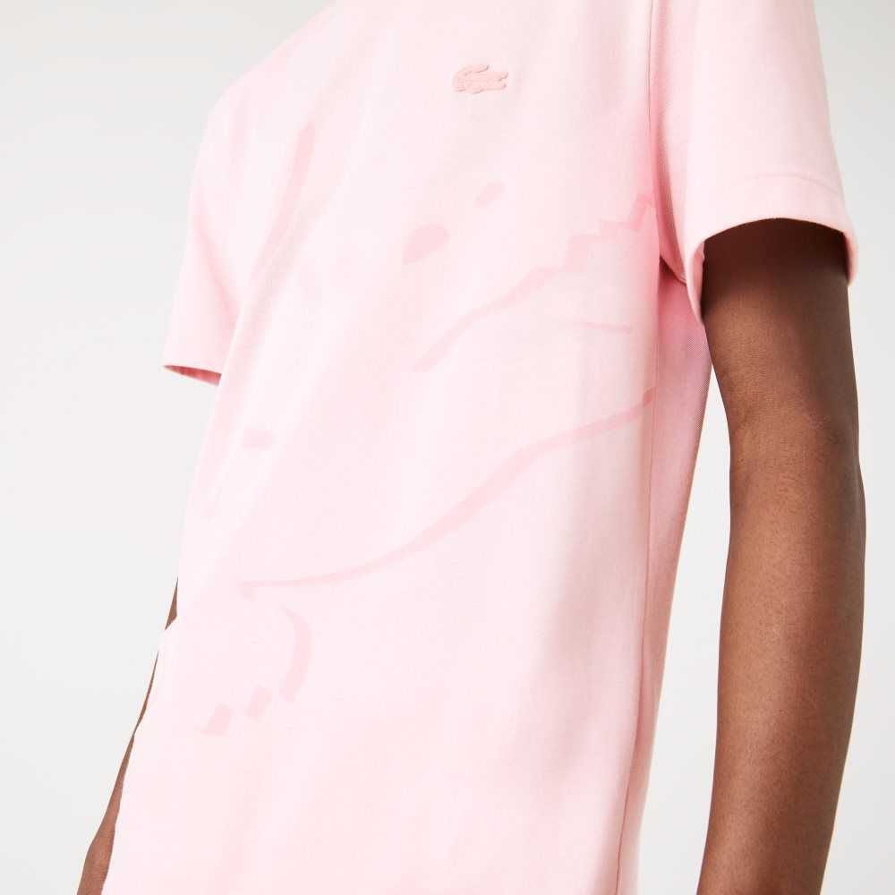 Lacoste Crocodile Print Crew Neck Stretch Organic Cotton T-Shirt Pink | NJE-410698