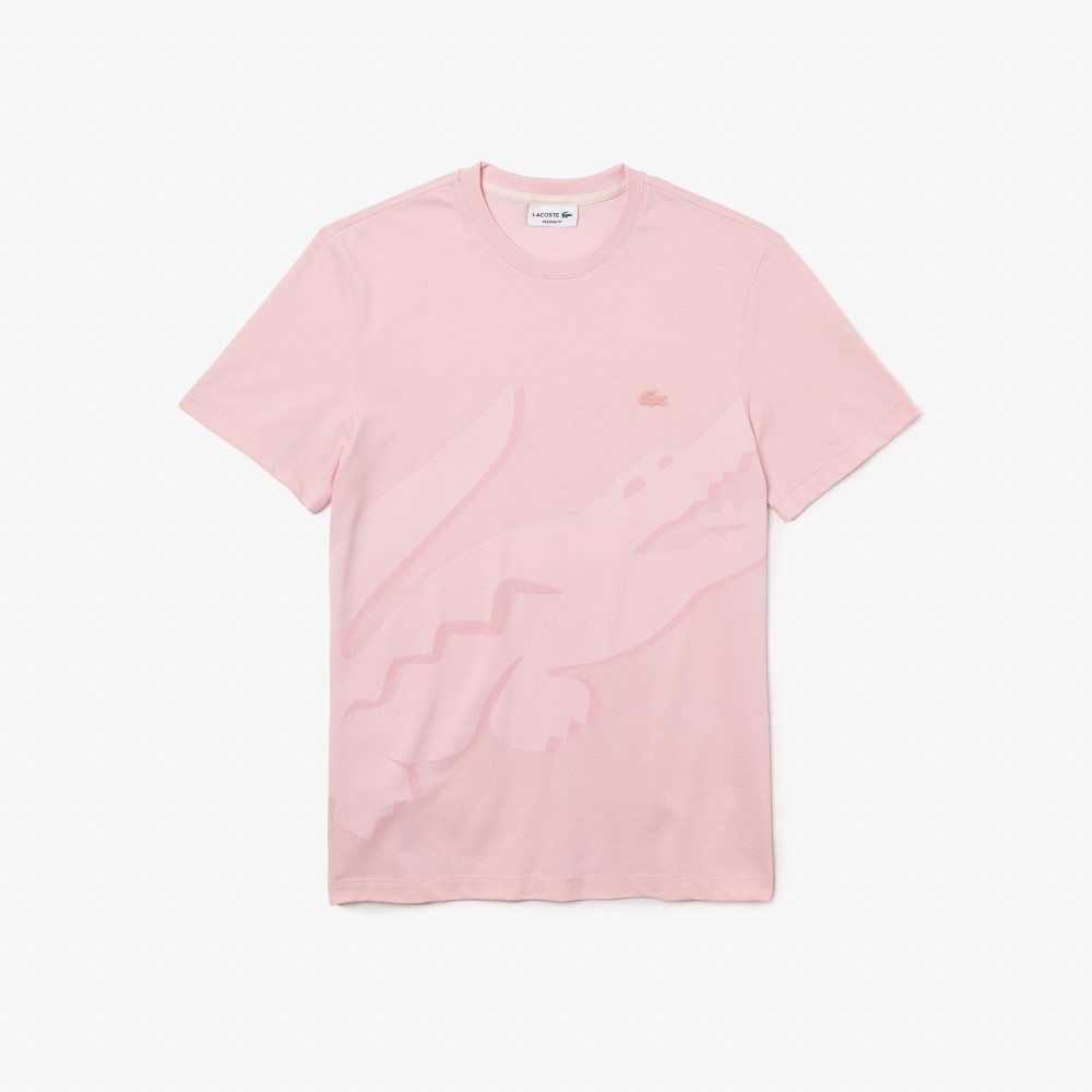 Lacoste Crocodile Print Crew Neck Stretch Organic Cotton T-Shirt Pink | NJE-410698