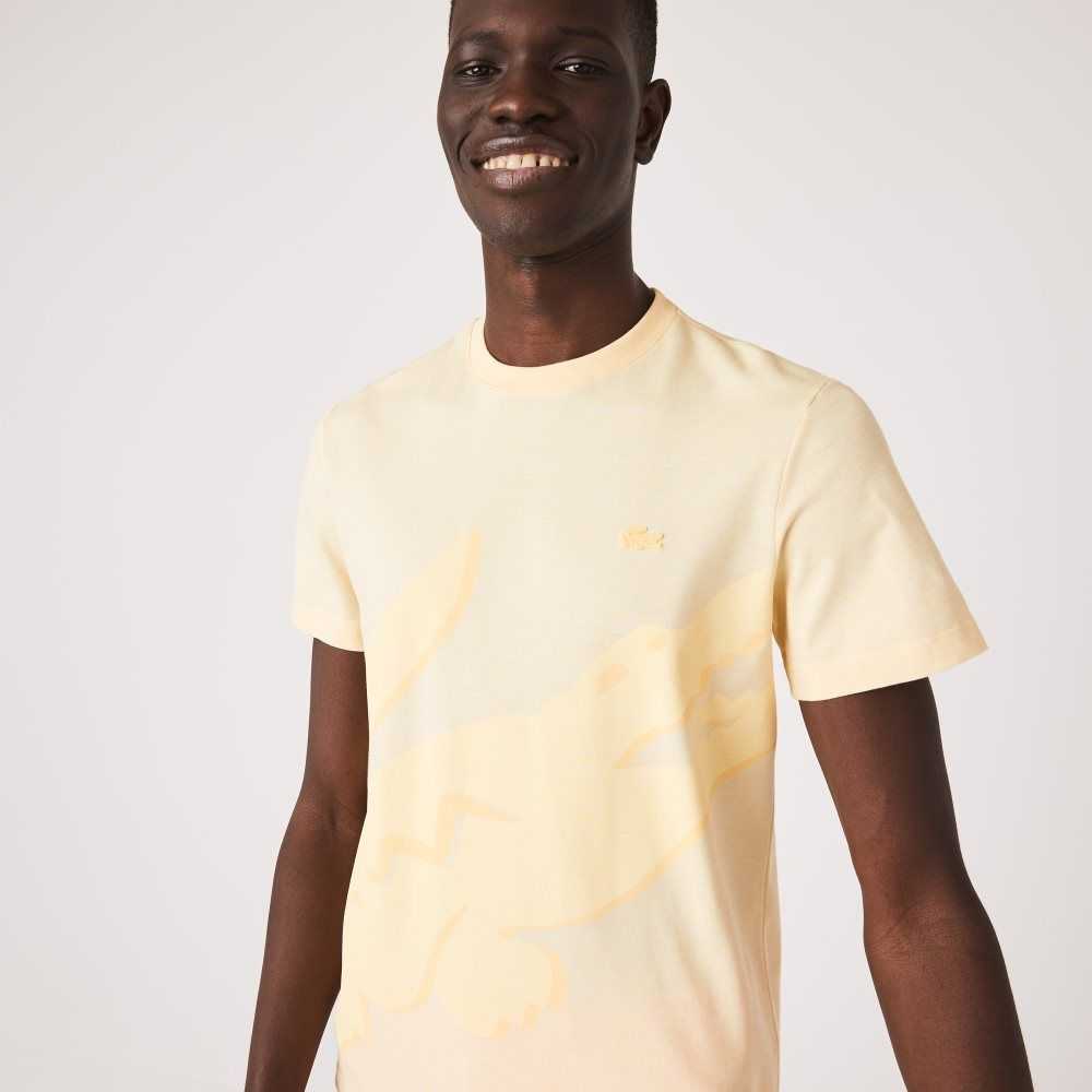 Lacoste Crocodile Print Crew Neck Stretch Organic Cotton T-Shirt Yellow | SOK-231089