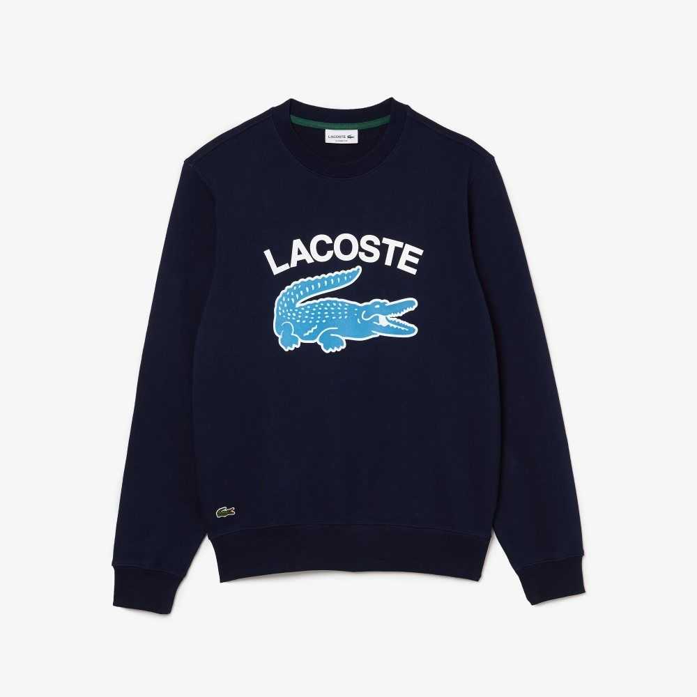 Lacoste Crocodile Print Crew Neck Sweatshirt Navy Blue | HPZ-930827