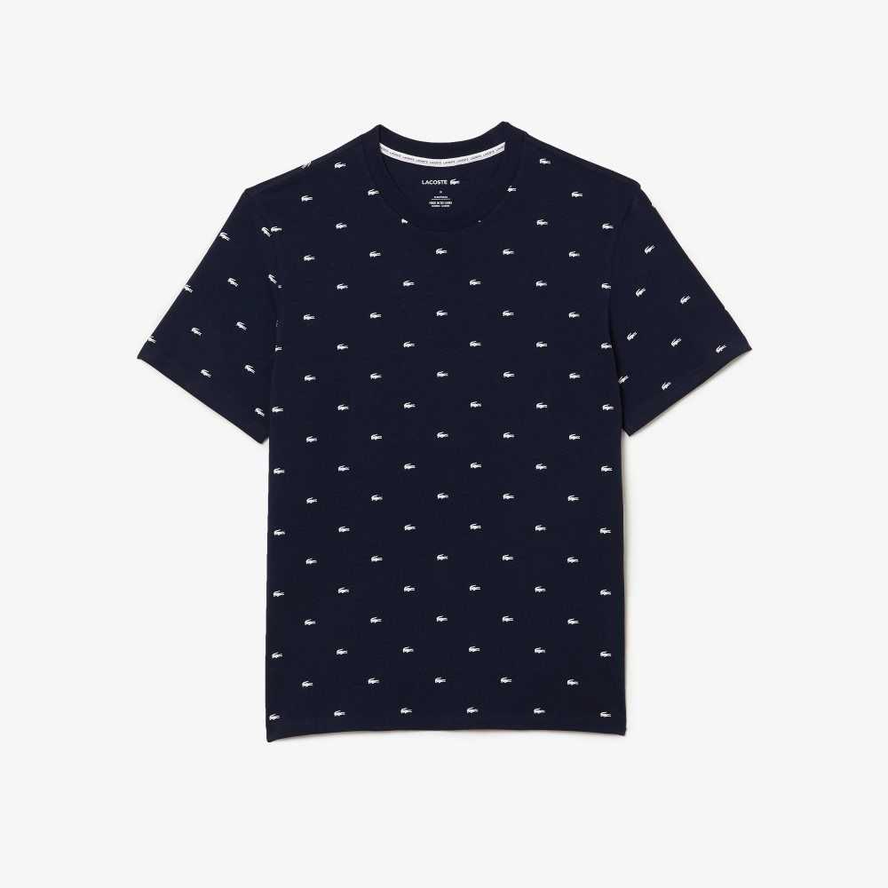 Lacoste Crocodile Print Stretch Cotton Lounge T-Shirt Navy Blue / White | AMW-852930